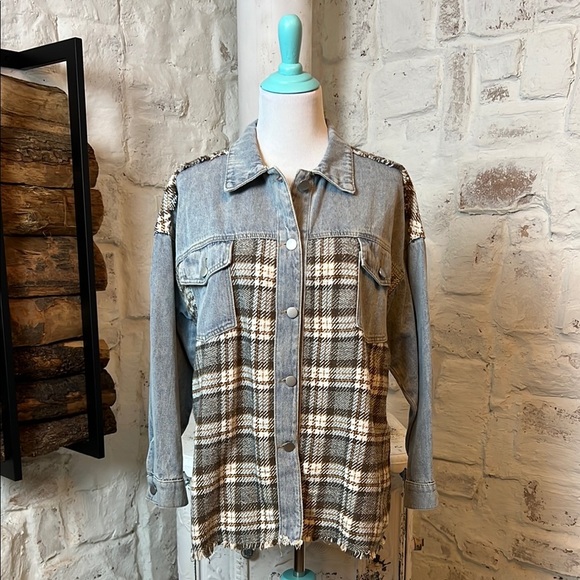 Miss Sparkling | Plaid and Denim Button-Up Jacket - Picture 1 of 6